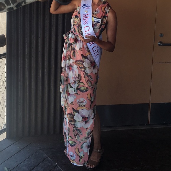 Dresses & Skirts - Coral Floral Print Maxi Halter Wrap Dress